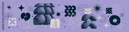Collection of Universal trendy geometric bright bold shapes, minimalistic bizarre and brutalism abstract elements, Vector y2k aesthetic graphic assets, brutal and dithering symbols set 2