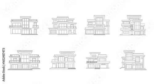 Vector Icons Set of Collection of Modern Luxury Villa Elevations in Minimalist Line Art. Vector Illustrations. EPS Editable