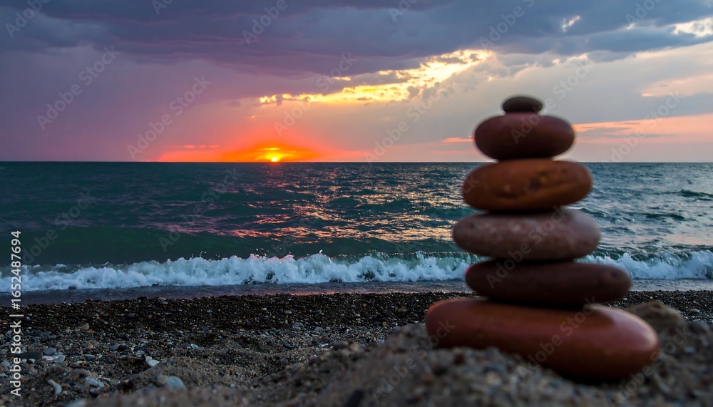 Fototapeta premium A serene beach scene at sunset, featuring a balanced stack of stones and a vibrant sky.