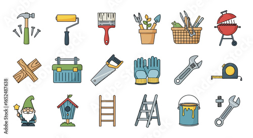 Vector Icons Set of Colorful Cartoon Icon Set for DIY Home Improvement and Backyard Activities. Vector Illustrations. EPS Editable