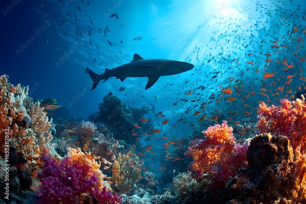 Fototapeta premium Shark swims above vibrant coral reef.