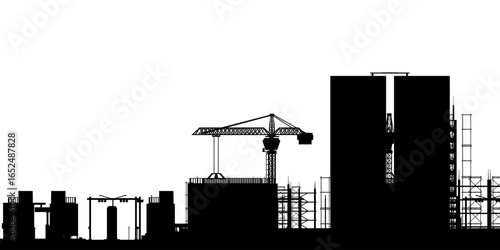 A black and white silhouette of a bustling city construction site features towering cranes and unfinished buildings. The stark contrast against a clean white background emphasizes urban development.