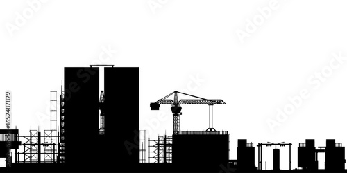 A black and white silhouette of a bustling city construction site featuring towering cranes and unfinished buildings. The stark contrast against a plain white background emphasizes urban development.