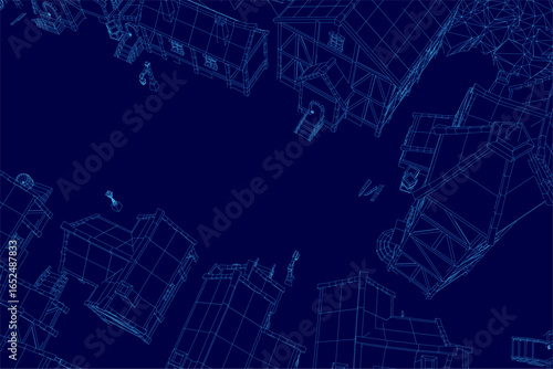 A medieval house blueprint on a blue background displays intricate architectural details in wireframe style. The environment features precise linework and structural elements for design.