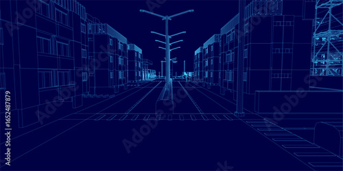 3D blueprint of a city street at night with illuminated wireframe buildings, poles, and streetlights against a dark background. The digital grid design highlights urban infrastructure with glowing.
