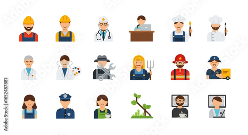 Vector Icons Set of Colorful Flat Design Icon Set of Diverse Professional Avatars and Careers. Vector Illustrations. EPS Editable