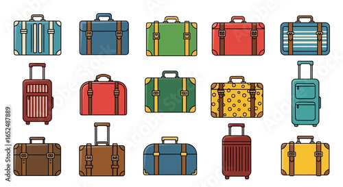 Vector Icons Set of Colorful Flat Icon Set of Vintage and Modern Travel Luggage and Suitcases. Vector Illustrations. EPS Editable