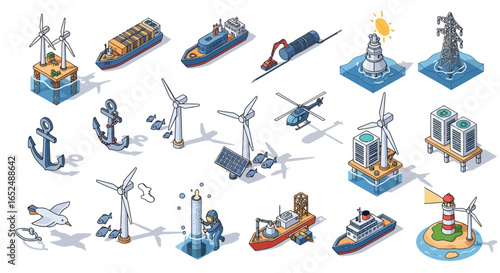 Vector Icons Set of Comprehensive Isometric Icon Set of Maritime Industry and Offshore Green Energy. Vector Illustrations. EPS Editable