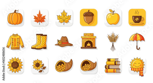Vector Icons Set of Cozy Autumnal Icon Set Charming Illustrations of Fall Symbols in Warm Yellow and Orange. Vector Illustrations. EPS Editable