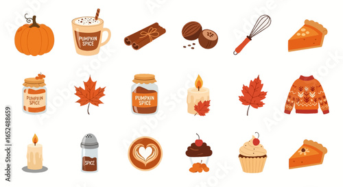 Vector Icons Set of Cozy Autumn Delights A Flat Illustration Set of Pumpkin Spice and Seasonal Comforts. Vector Illustrations. EPS Editable