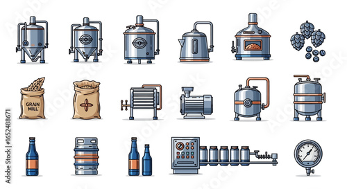 Vector Icons Set of Craft Beer Brewing Icon Set Modern Illustrations of Brewery Equipment and Production Process. Vector Illustrations. EPS Editable