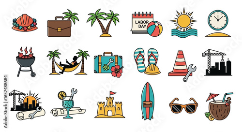 Vector Icons Set of Creative Labor Day Iconography Blending Construction Work with Beach Holiday Fun. Vector Illustrations. EPS Editable