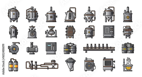 Vector Icons Set of Craft Brewery Production Line A Detailed Vector Icon Set of Brewing Equipment. Vector Illustrations. EPS Editable