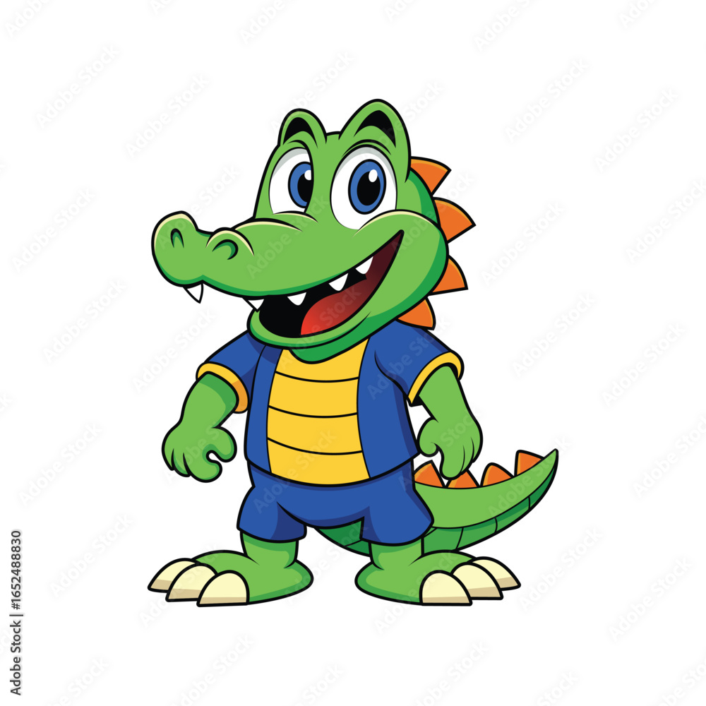 Fototapeta premium Cute cartoon crocodile character wearing colorful clothes, perfect for children’s book, mascot, logo, kids illustration, vector art, animal character design, playful alligator cartoon, educational art