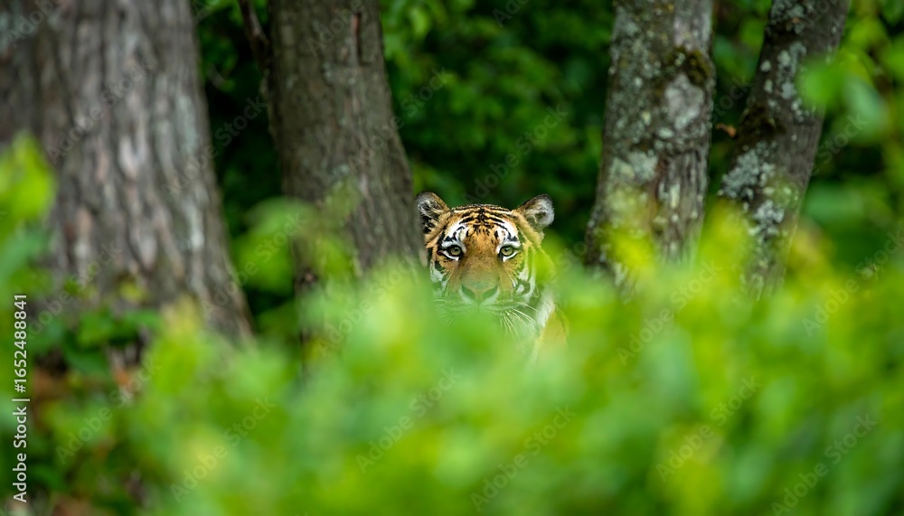Fototapeta premium A tiger, with striking orange and black stripes, peeks from behind lush green foliage in a woodland setting.