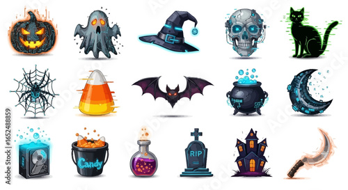 Vector Icons Set of Cybernetic Halloween A Glowing Collection of Futuristic Spooky Icons. Vector Illustrations. EPS Editable
