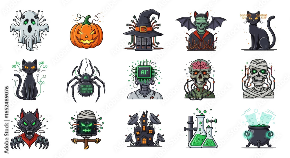 Fototapeta premium Vector Icons Set of Cybernetic Spooks A HighTech Halloween Icon Set with AI Monsters and Digital Magic. Vector Illustrations. EPS Editable