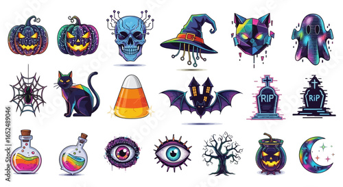 Vector Icons Set of Cybernetic Halloween A Vibrant Collection of Neon and TechInfused Spooky Icons. Vector Illustrations. EPS Editable