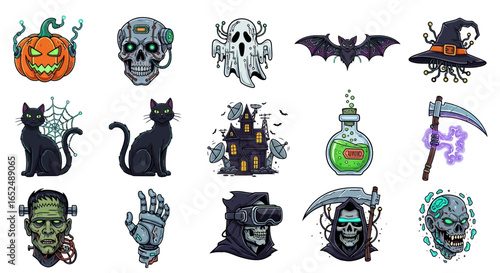 Vector Icons Set of Cybernetic Halloween Spooky Icons Fusing Classic Horror with SciFi. Vector Illustrations. EPS Editable