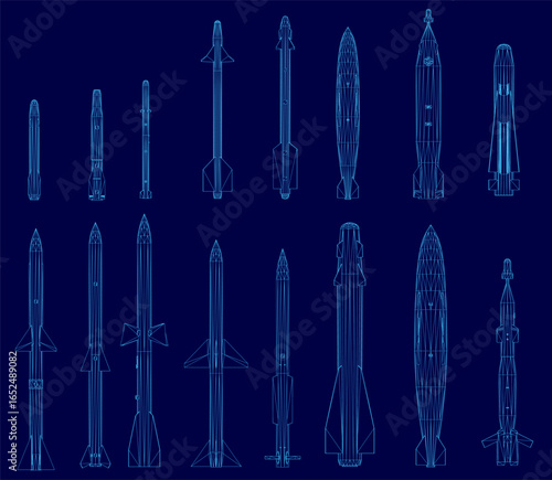 Blueprint of various rockets arranged in a grid pattern on a blue background. Each missile features a clean wireframe design with distinct details. The white rockets contrast sharply against the deep.