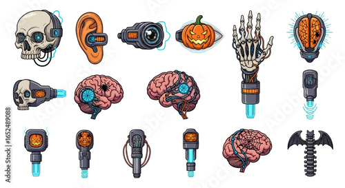 Vector Icons Set of Cyberpunk Halloween A Spooky Collection of Bionic Skulls Brains and Robotic Parts. Vector Illustrations. EPS Editable