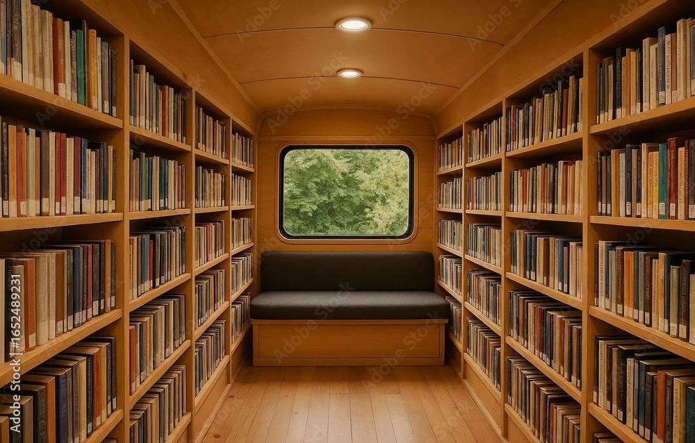 Fototapeta premium A beautiful cabin library filled with books, creating a perfect reading space with a view of nature.