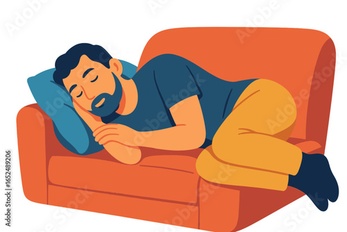 Man sleeping peacefully on orange couch with blue pillow man sleeping on couch