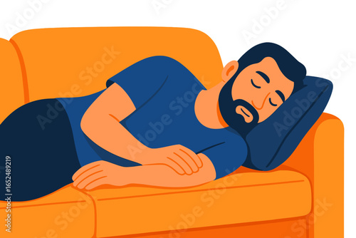 Man sleeping comfortably on orange sofa at home man sleeping on couch