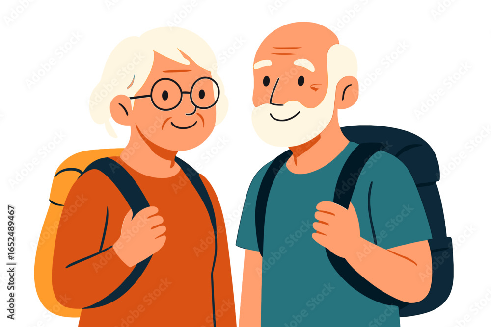Obraz premium Elderly couple smiling while standing together with backpacks senior couple with backpacks