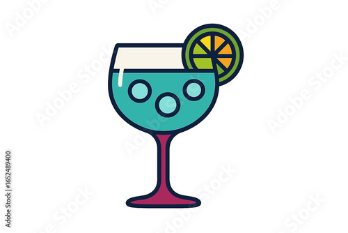 Illustrative cocktail glass with lime slice and blue drink gin and tonic glass