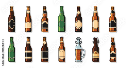 Vector Icons Set of Diverse Beer Bottle Collection Stylized Vector Icons with Blank Labels. Vector Illustrations. EPS Editable