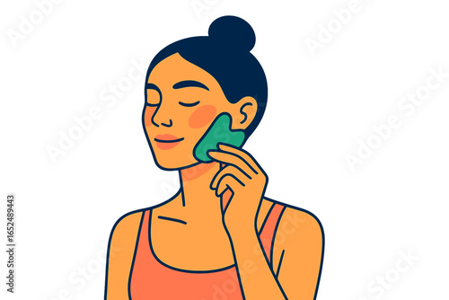 Young woman using jade roller on her face with closed eyes woman doing gua sha massage