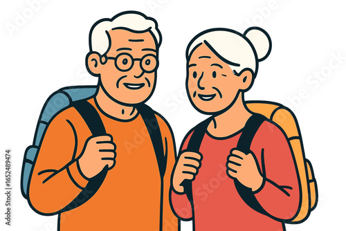 Elderly couple smiling while wearing backpacks outdoors senior couple with backpacks