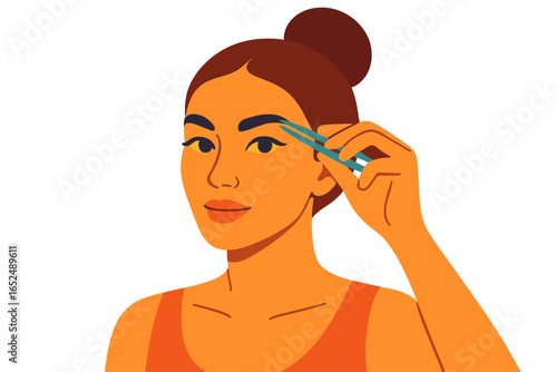 Young woman tweezing her eyebrows while looking in the mirror woman plucking eyebrows