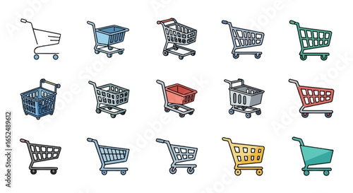 Vector Icons Set of Diverse Collection of Colorful Shopping Cart Icons in Flat Cartoon Style. Vector Illustrations. EPS Editable