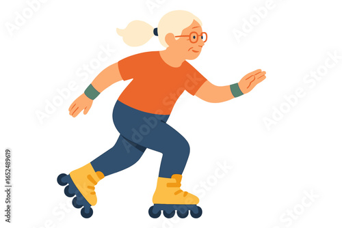 Elderly woman roller skating with enthusiasm in orange top and yellow skates senior woman rollerblading