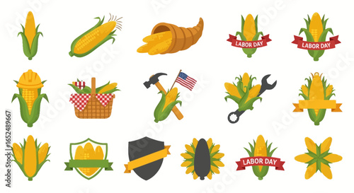 Vector Icons Set of Diverse Corn Icon Set Labor Day Emblems Harvest Symbols and Agricultural Graphics. Vector Illustrations. EPS Editable