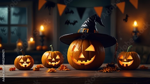 halloween pumpkin on dark background with copy space