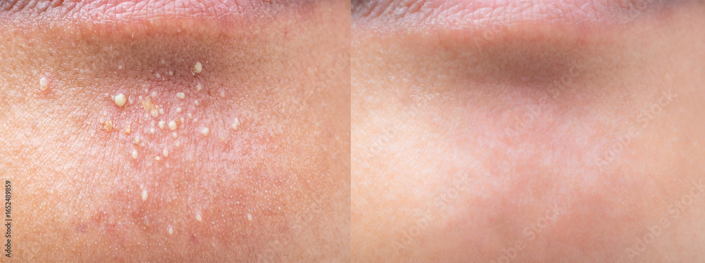 Fototapeta premium Image before and after acne treatment on the face of middle age Asian woman. Problem skin and beauty concept. 