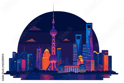 Modern Shanghai skyline illustration at night with colorful lights shanghai skyline at night