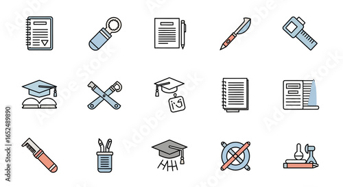 Vector Icons Set of Diverse Icon Set Education Graduation and Technical Tools in a Clean Line Art Style. Vector Illustrations. EPS Editable