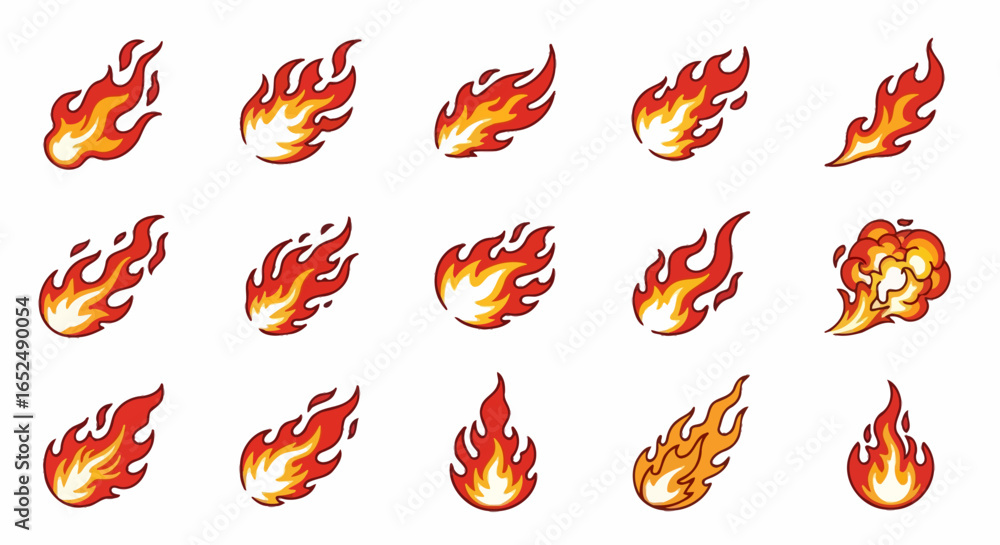 Obraz premium Vector Icons Set of Dynamic Cartoon Fireball and Flame Icons A Vibrant Vector Set. Vector Illustrations. EPS Editable