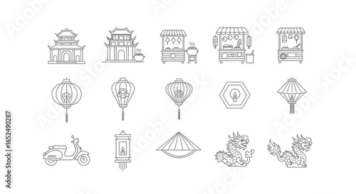 Vector Icons Set of Elegant Line Art Icons of Vietnamese Culture Pagodas Lanterns and Dragons. Vector Illustrations. EPS Editable