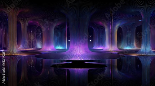 Abstract Lined Structures Reflecting on a Dark Surface