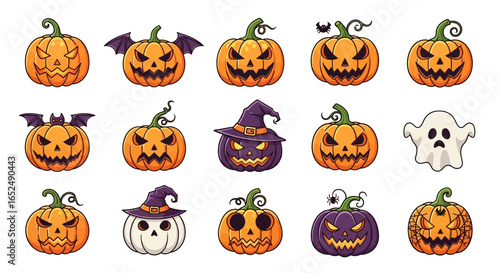 Vector Icons Set of Expressive Halloween Character Set Spooky Pumpkins Witch Hats and a Ghost. Vector Illustrations. EPS Editable