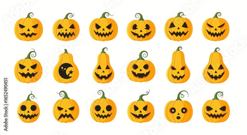 Vector Icons Set of Expressive JackoLanterns A Diverse Set of Spooky Funny and Angry Carvings. Vector Illustrations. EPS Editable