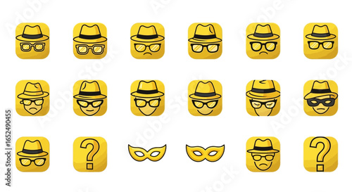 Vector Icons Set of Faces of Anonymity A Yellow Vector Icon Set of Spies and Disguises. Vector Illustrations. EPS Editable