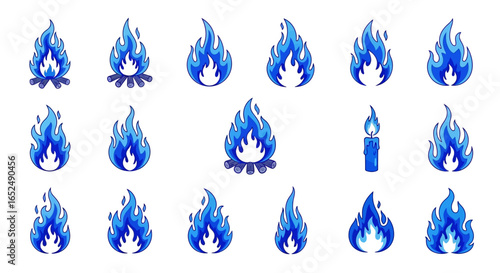 Vector Icons Set of Ethereal Blue Fire A Stylized Vector Set of Flames Campfires and Candlelight. Vector Illustrations. EPS Editable