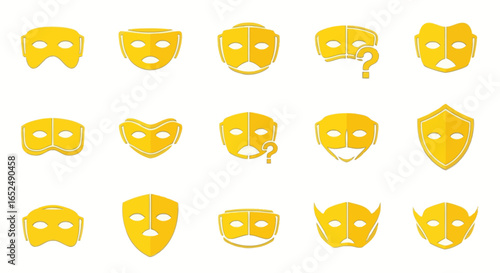 Vector Icons Set of Faces of Disguise A Golden Array of Stylized Theatrical Mask Icons. Vector Illustrations. EPS Editable