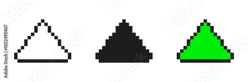 Pixel Art Triangle Icon Set. Geometric Symbols In Pixelated Style. Includes White, Black, And Green Variations. Isolated Vector Illustration